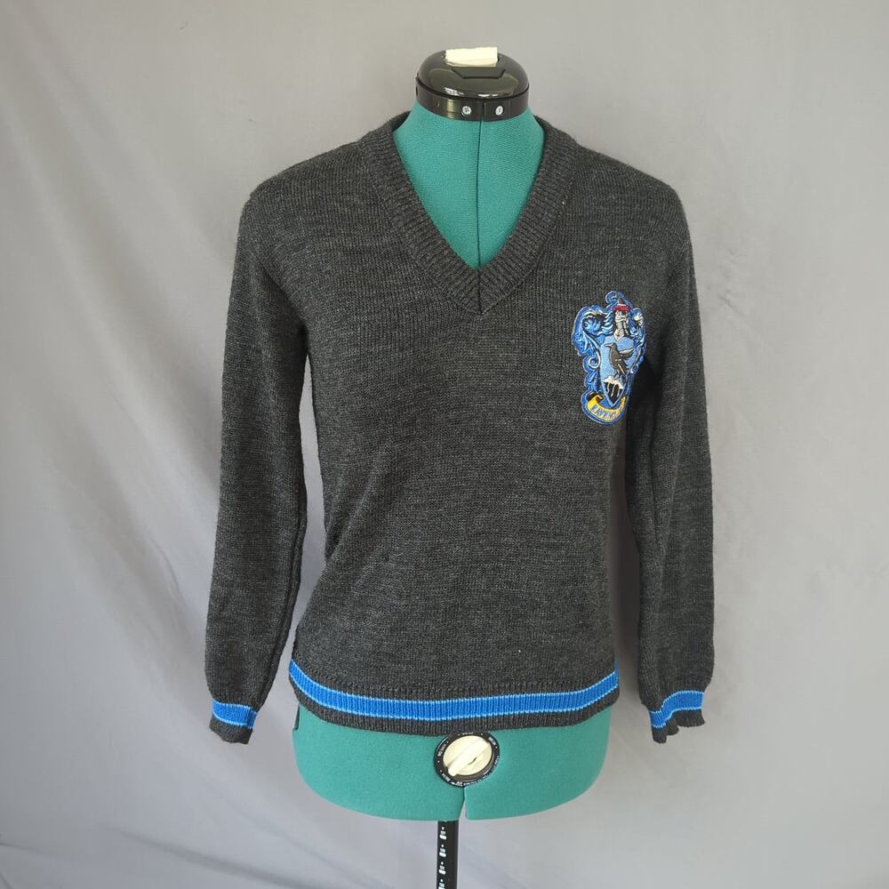 Harry Potter Ravenclaw V Neck Knit Sweater Gray Embroidered Crest Women's XS S